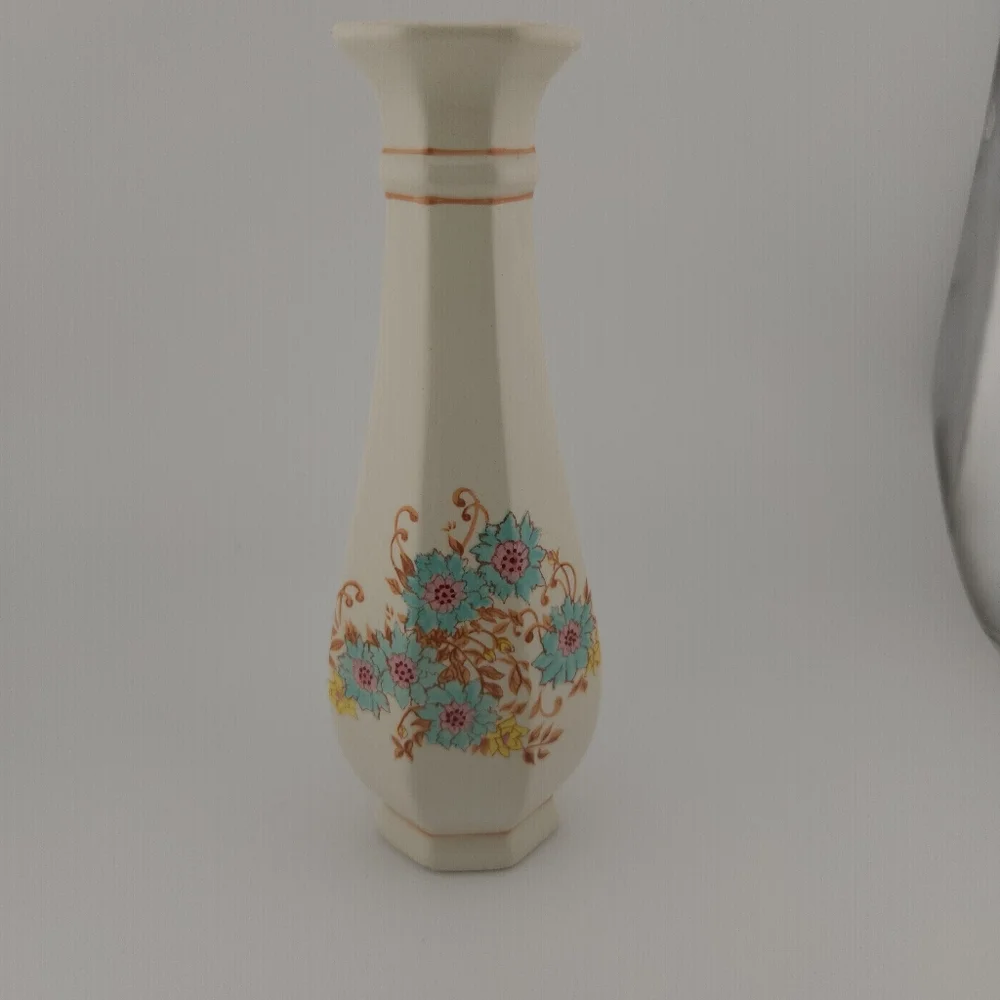Vintage Floral Ceramic Vase - Cream with Blue and Yellow Accents